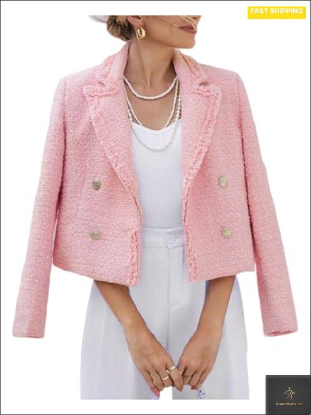 Women's Tweed Blazer Jacket Fringe Trim Notch Collar Double Breasted Long